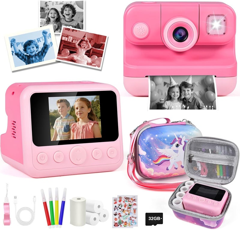 Elecoutek Kids Instant Print Camera with Carrying Bag, 1080P HD Girl Camera with 4 Print Paper Rolls, Color Pens & 32GB Card, Christmas Birthday Gifts Kids Girl Toys for 3-12 Years Old (Pink) - Image 1